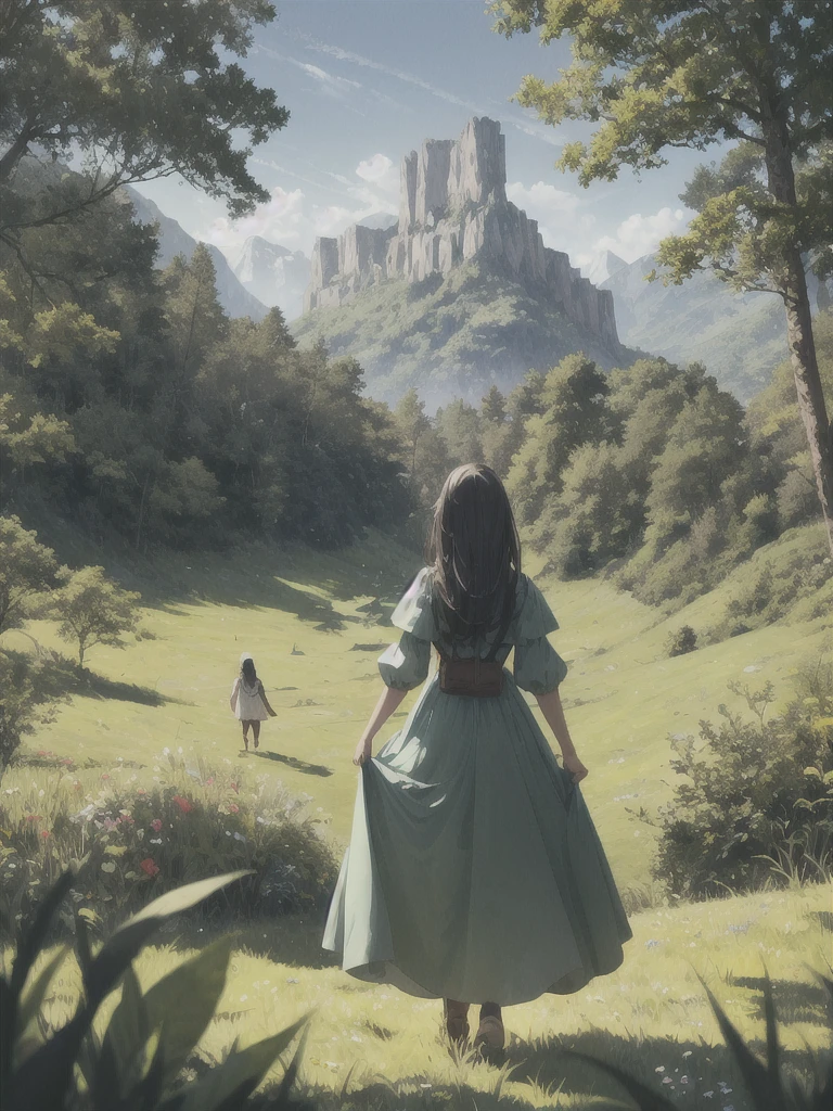 In a green meadow stands a girl leading a group of knights.
BREAK
With a brave expression, she guides them towards their destination.
BREAK
Behind her, a green forest stretches out and beyond that, mountains rise in the distance.
BREAK
The most suitable effect for this scene would be a watercolor painting technique to capture the softness of the meadow and the fluidity of the movement.