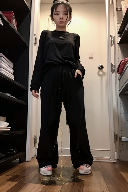 Japanese Girl sees the ghost and pees her black palazzo pants until her pants are wet in fright.