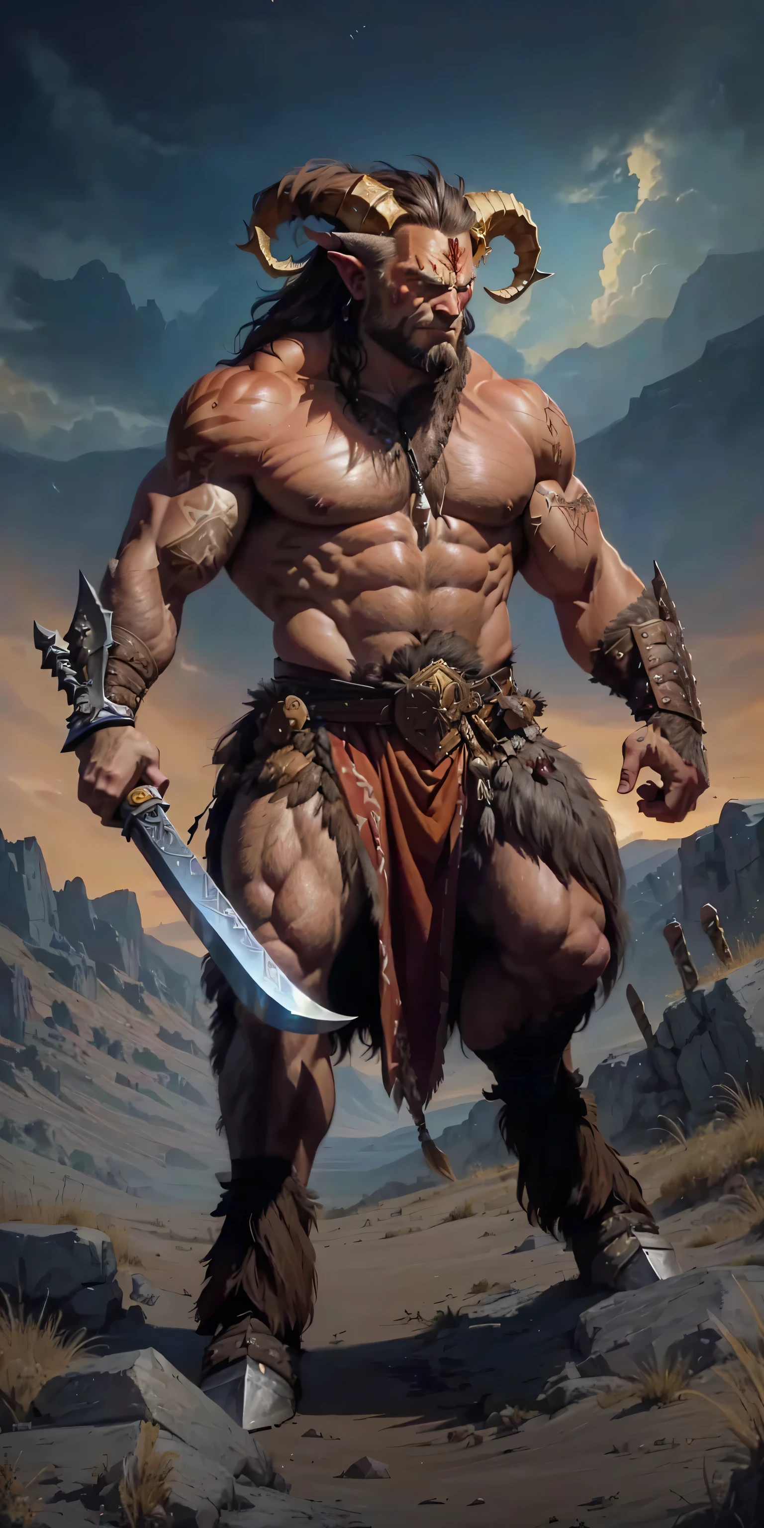 A painting of a horned man holding a sword and a, barbarian, barbarian warrior, barbarian class, barbarian celebrate his birthday, fur-clad barbarian goliath, Magnificent, male barbarian, muscular character, Powerful Warrior, Muscle Werewolf, photo of adult male warrior, Inspired by Ryan Barger, Goliath's, Portrait of the demigod Hercules