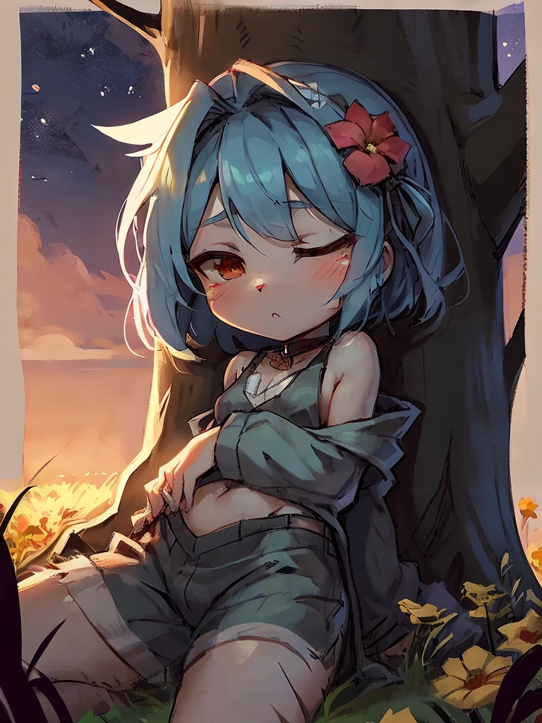 Masterpiece、highest quality、A flower field in the distance、Sunset、Starry Sky、Big tree、((Chibi Character))、Chibi Character、(One boy)、Blue Hair、sleeping on a tree