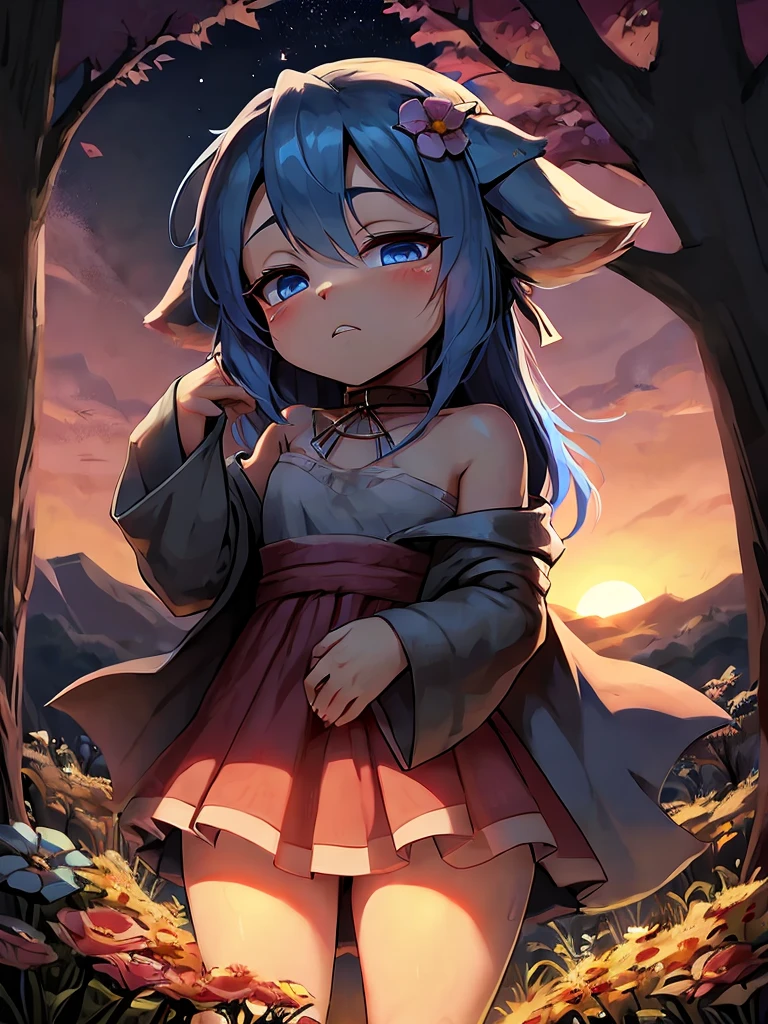 Masterpiece、highest quality、A flower field in the distance、Sunset、Starry Sky、Big tree、((Chibi Character))、Chibi Character、(One boy)、Blue Hair、sleeping on a tree