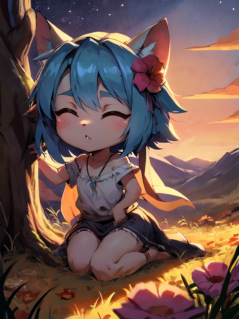 Masterpiece、highest quality、A flower field in the distance、Sunset、Starry Sky、Big tree、((Chibi Character))、Chibi Character、(One boy)、Blue Hair、sleeping on a tree