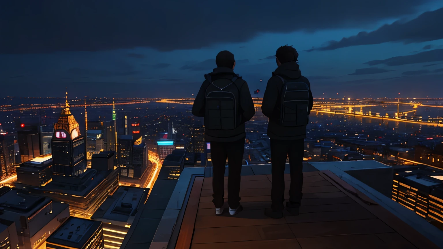 On the edge of a huge building + first person image + dark sky + city all lit up + High quality image + 4K