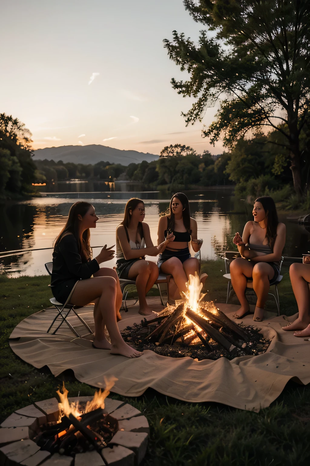 friends around a bonfire and in front of a beautiful lake.
