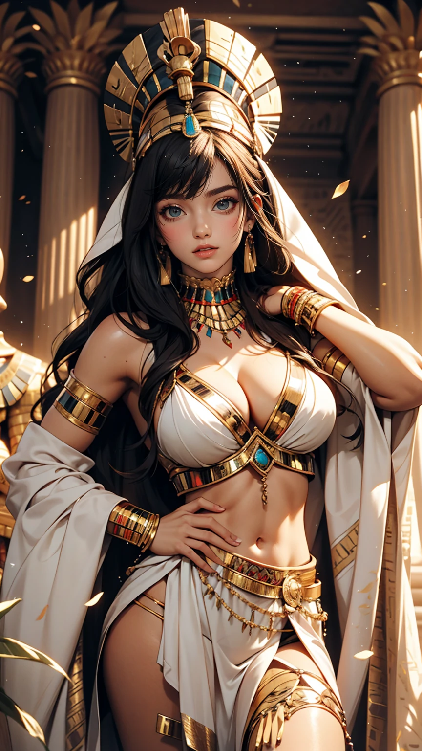 24-year-old female、Egyptian、Cleopatra、Sexy proportions、Egyptian Old Kingdom Clothing、Cleavage Emphasis