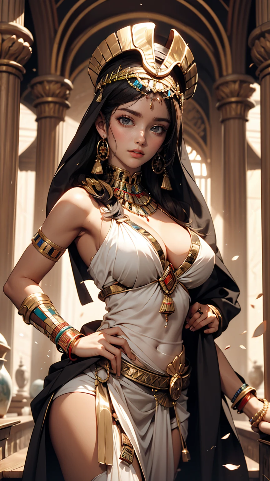 24-year-old female、Egyptian、Cleopatra、Sexy proportions、Egyptian Old Kingdom Clothing、Cleavage Emphasis
