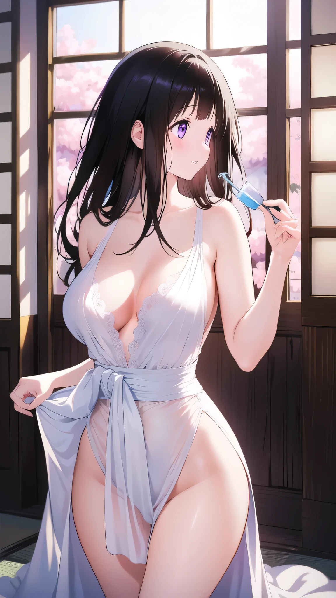 Amazing Chitanda, There is only one beautiful girl,Purple Eyes, Black Hair, Very red face,Very white skin,Glowing skin,Skin as delicate as porcelain,Naturally straight hair, Straight bangs,Extremely refined,Open lips,Long flowing hair,Beautiful Girl, Like a dream,Slim,Slim waist,Soft, (Sensual), (Kawaii), Dream quality,Beautiful big breasts,Areola,Completely naked,Wearing a transparent wedding dress,Flower decoration,Deep V neckline,Loose neckline,Wide neckline,In a traditional Japanese garden,window,Profile,Hips,Side body,Gluteal groove,Bare back,Light transmission,no pants,pussy juice,Bare shoulders,Bare neck,Exposed collarbone,Exposing breasts,Exposing breasts side,Show your waist,Show your buttocks,Show your thighs,Exposing the groin,No pants,extremely shy,Ultra-high resolution, (masterpiece:1.2, best quality), (Delicate and beautiful eyes: 1.2), (Beautiful and delicate face)