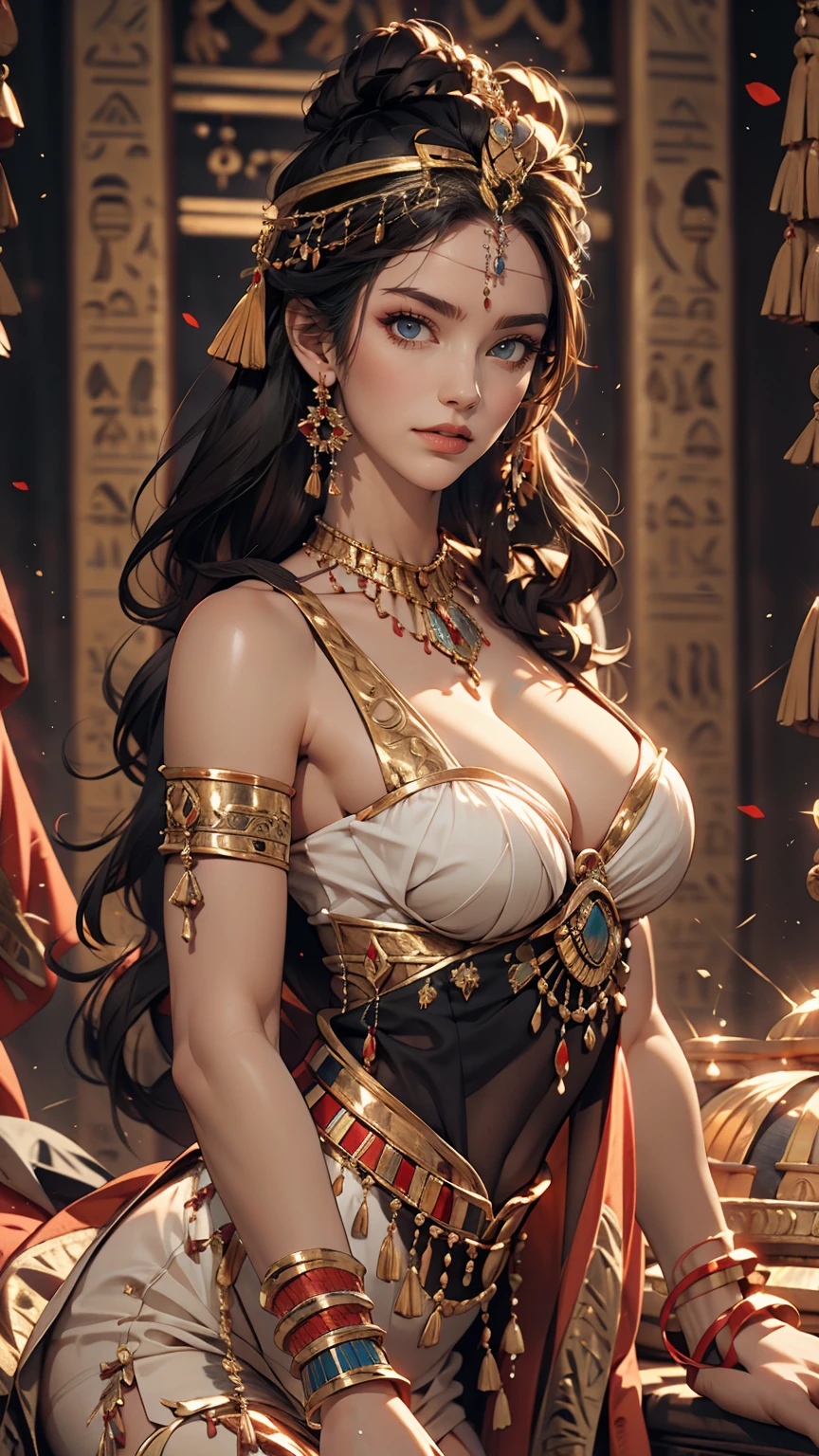 24-year-old female、Egyptian、Cleopatra、Sexy proportions、Egyptian Old Kingdom Clothing、Cleavage Emphasis