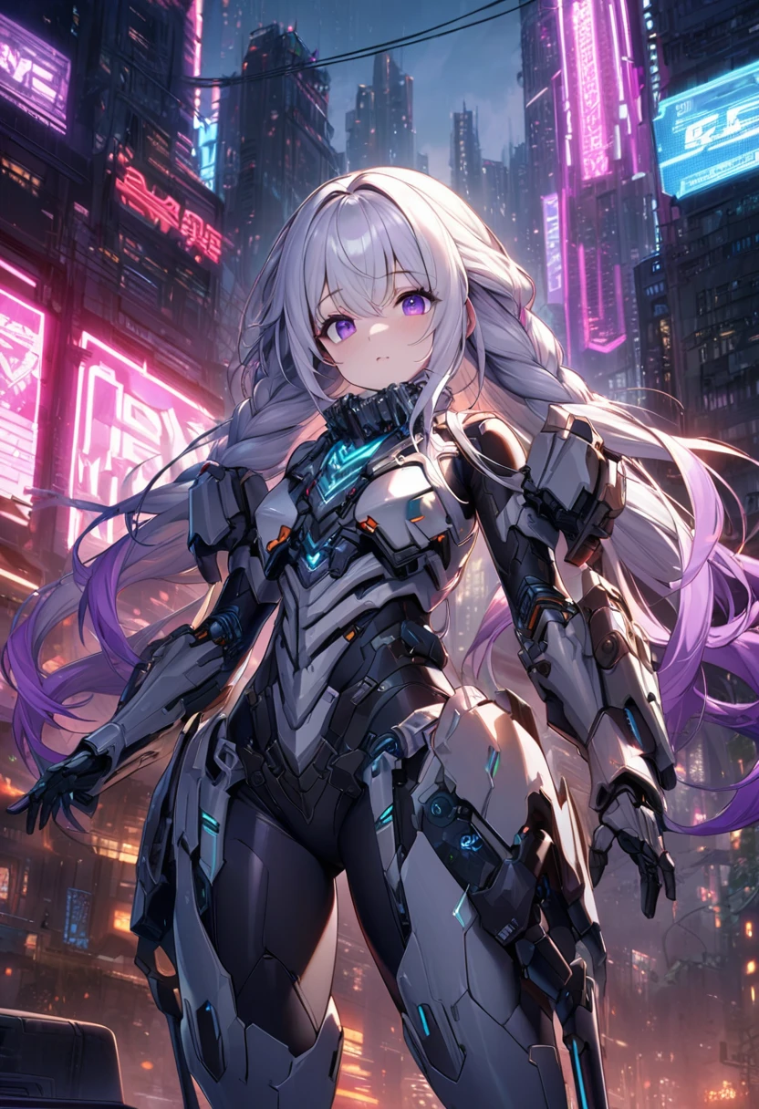 (high resolution,masterpiece,best quality,Extremely detailed CG)A young girl wearing elaborate bone-reinforced armor,yinji, purple hair, purple eyes, long hair, white hair, double braids, gradient hair, Its well-made, Smooth and shiny, Has a complex mechanical design、Sharp Edges, (Skeleton powered suit:1.2),(Bone-enhanced exoskeleton suit:1.4),(Bone-type reinforced exoskeleton armor:1.2), The background is futuristic、dystopian cityscape,There are tall skyscrapers、Neon lights and gloomy cyberpunk atmosphere,