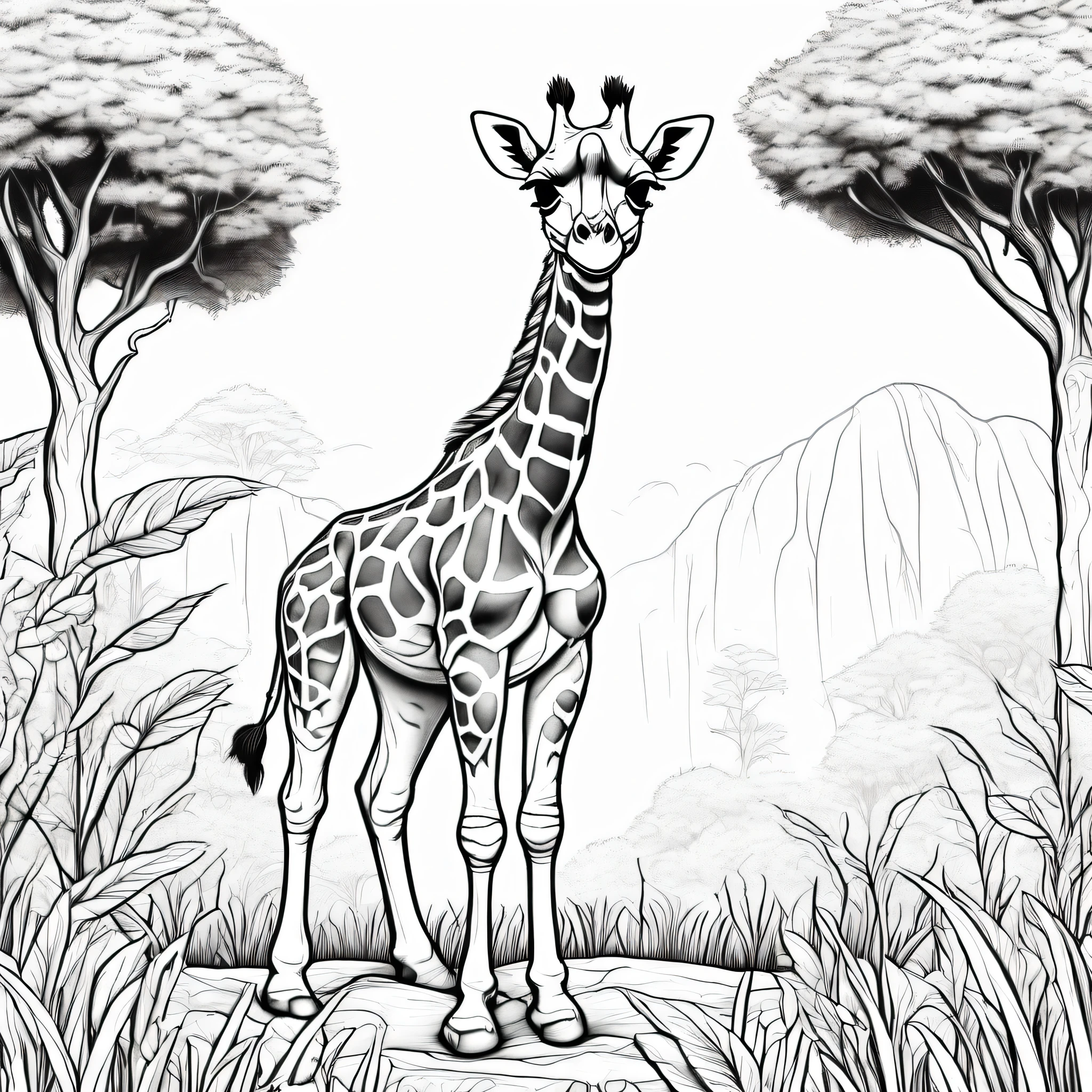 A small giraffe cub standing on the grassland and trees, cute animal, highly detailed, ultra realistic, cub, cuteness, cartoon, Coloring Book, ColoringBookAF,