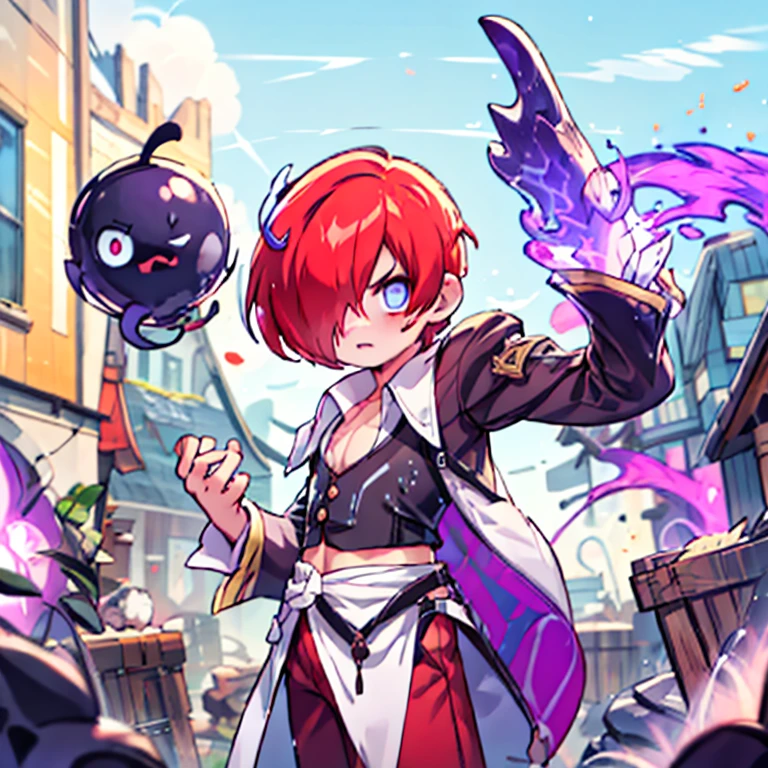 Sharp Eye,One boy,Hair on one eye,Redhead,short hair,Purple Flame,Fantasy World,isekai,Be prepared for an encounter on the road