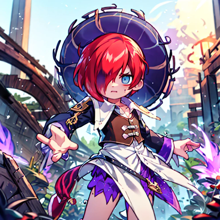 Sharp Eye,One boy,Hair on one eye,Redhead,short hair,Purple Flame,Fantasy World,isekai,Be prepared for an encounter on the road