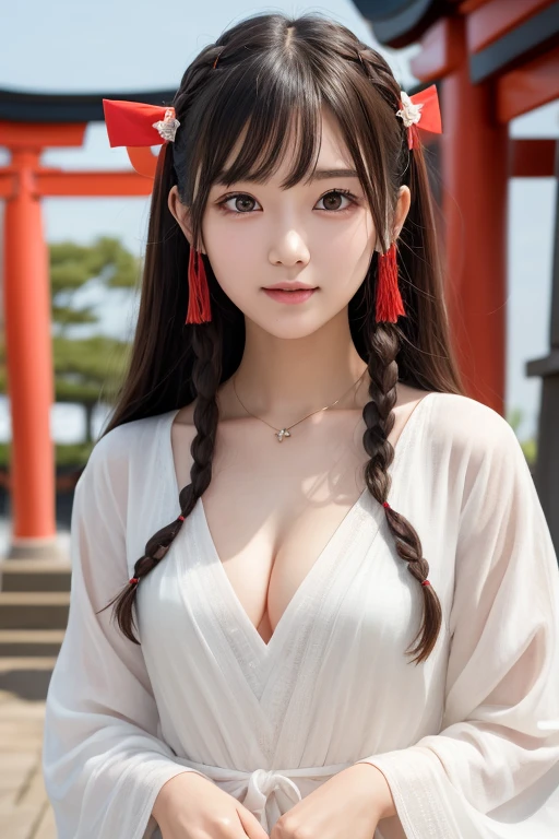 one girl, (a beauty girl, delicate girl:1.3), (24-years-old:1.3),
break, (Shrine maiden costume:1.3), Zoom in on face,
break, Very fine grain definition, (Symmetrical eyes:1.3),
break, (Inari Shrine:1.3), (torii:1.3),
break, Small breasts, Brown eyes, Parted bangs, Brown Hair,  girl,
break, (Eye and facial details:1.0),
break, (masterpiece, highest quality, Super detailed, Detailed face, 8k)、seductive smile、cleavage、twin braids、braided bangs