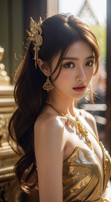 ((dynamic pose,half body shot:1.4))(Photorealistic:1.5),((Detailed beautiful face, detailed beautiful wide eyes, 8K olive green pupil:1.3)),((masterpiece,ultra high quality, ultra high resolution:1.2)),((realistic skin, very detailed details:1.2)),(unity 16K wallpaper:1.1),(HD quality,HDR),((The style of a surrealist painter, a masterpiece of ultra-realistic portraits, an epic work of a photography expert)),((nikon d750 f/1.4 55mm)),((dynamic angle,professional lighting, physically-based rendering)),((Bright colors)),
(Beautiful and Realistic thai girl),(Sexy and attractive face, perfectly proportioned body),((small breasts)),((light brown hair,long wavy hair,front ponytail)),((Venus of the East)),
((Thai princess:1.3)),(Gorgeous thai costumes with intricate details,Gorgeous dress,Gorgeous gold ornaments, intricate details,ornate jewelry accessories,Gorgeous fringe, intricate details,Various gemstones:1.2),((thai buddhist temple))