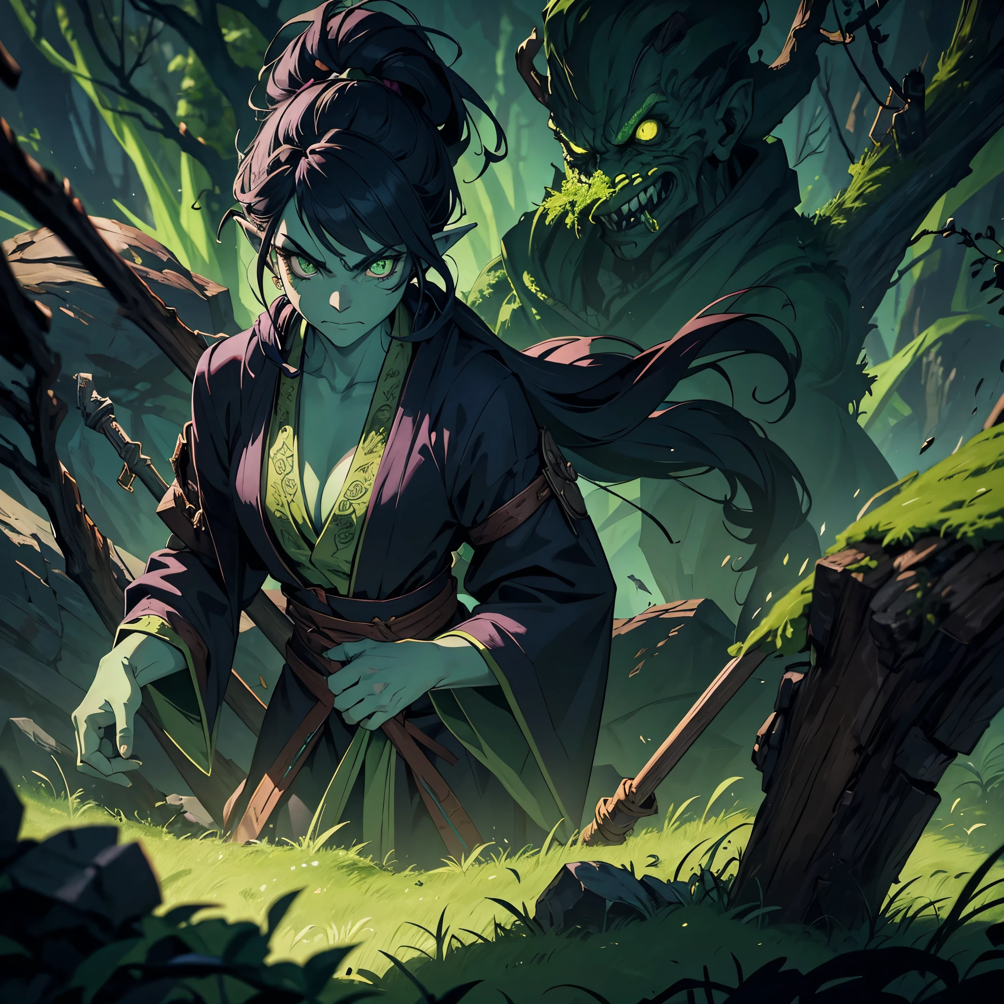 a clever, vicious green goblin, big detailed eyes, long ear hair, tattered mystic robe, wielding a pickaxe, lots of mystic pouches, quickly sneaking around a cavern, cinematic lighting, surreal, dark fantasy, highly detailed, 8k, photorealistic, sharp focus, professional, vibrant colors