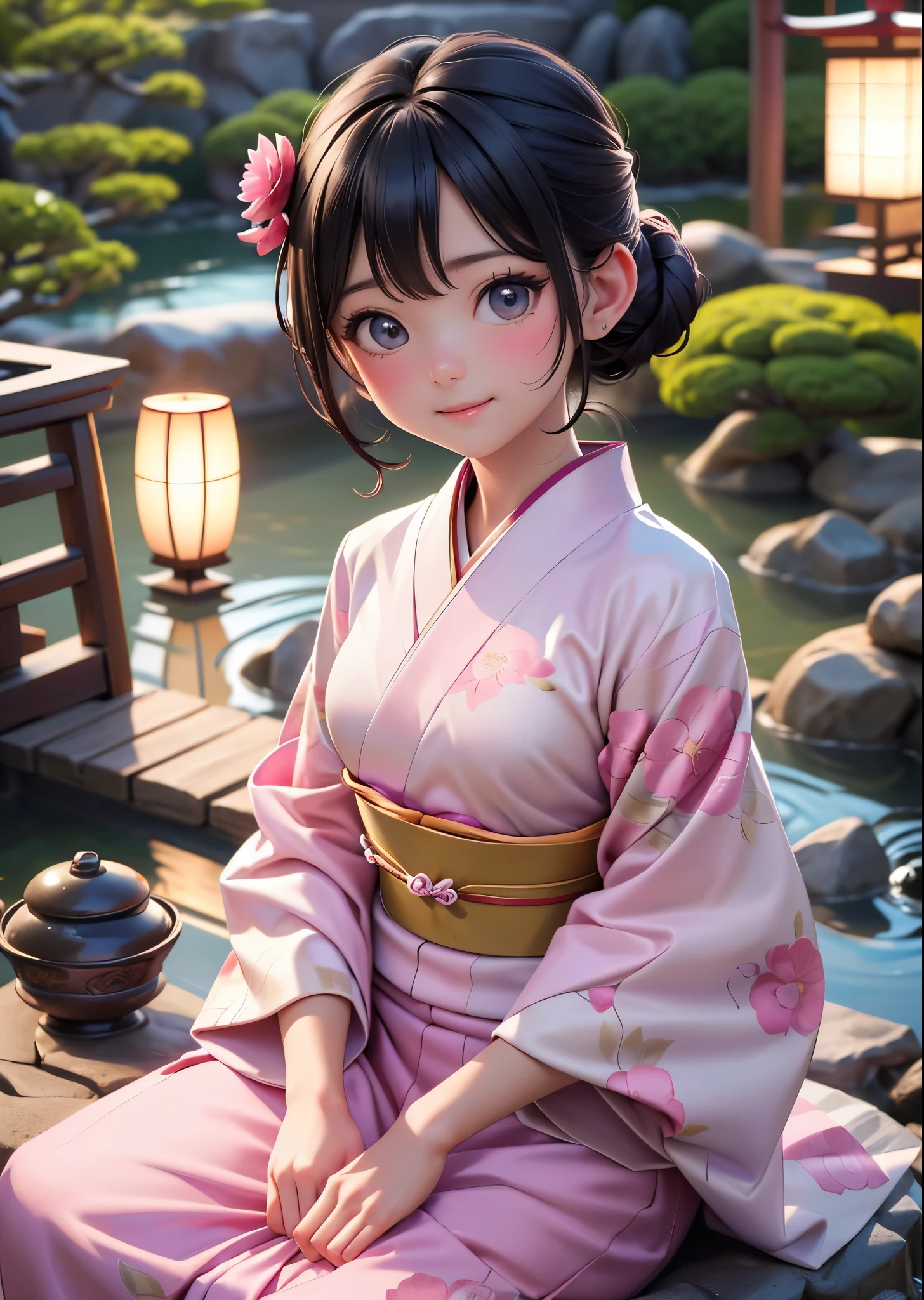 (masterpiece, highest quality, highest quality, Official Art, beautifully、aesthetic:1.2)、Cowboy Shot、 (1 Japanese kimono beautiful girl)、(Pink and purple floral patterned kimono)、A gorgeous kimono worn by women at Japanese Coming of Age ceremonies、The collar is nicely closed、A perfect example of how to wear a kimono、Big green eyes、Beautiful skin、A smile with shame、(Updo with bangs)、hair ornaments、Very detailed,(In the Japanese garden:1.3)、Cinematic lighting、Sharp focus、High resolution、High resolution、High color rendering、High resolution、Super realistic、(The face is drawn three-dimensionally:1.3)、3D