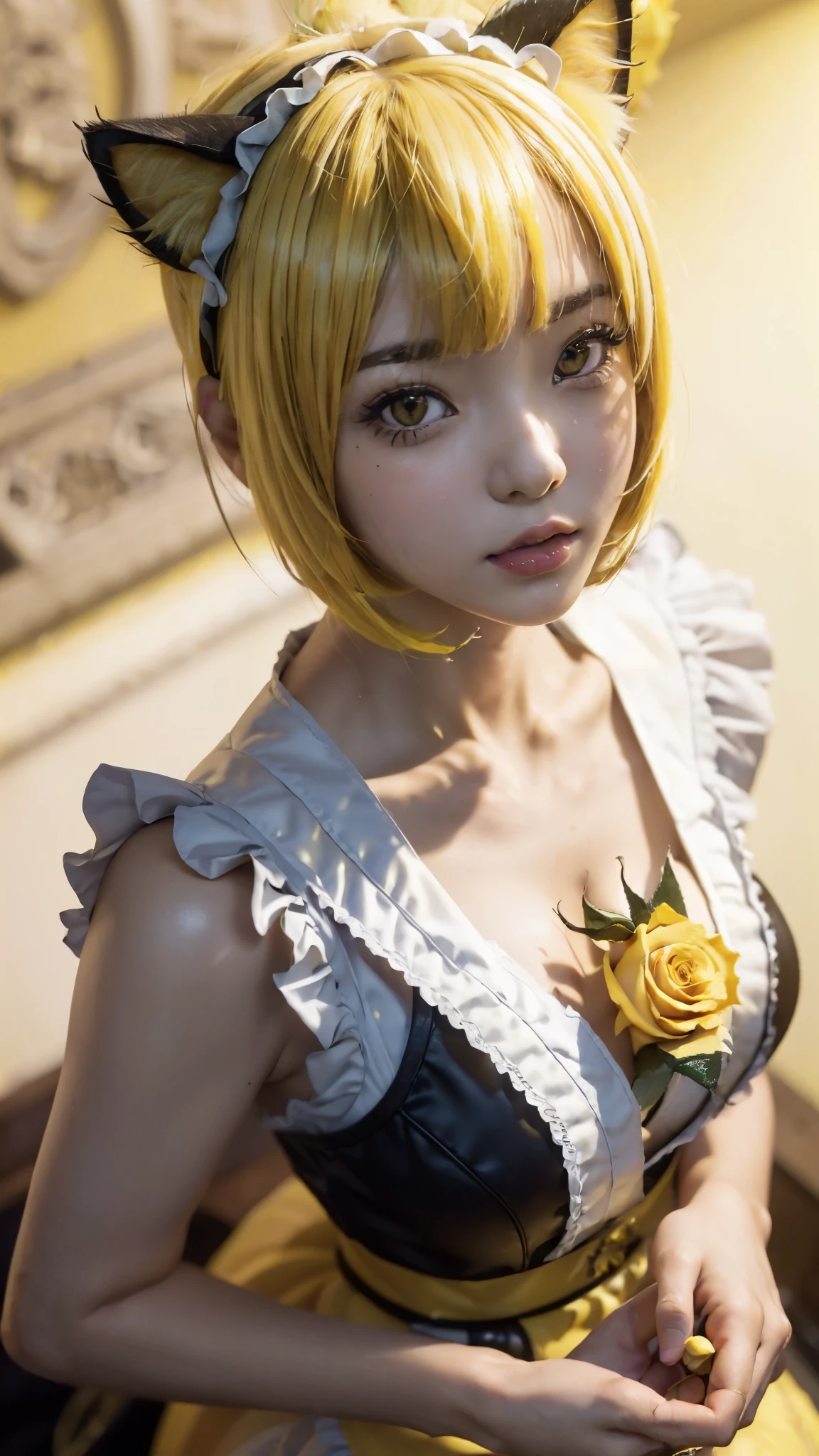 masterpiece, 4k, Bokeh, high school girls, (beautiful face:1.3), (Cat ears:1.3), (Yellow bob hair:1.6) , (Japanese idol:1.6), Blushed face, (Yellow maid costume :1.4), looking at the viewer, closeup,
(Yellow background :1.4), (Yellow rose room:1.6), Yellow thema