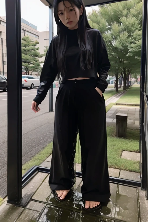 Japanese Girl sees the ghost and pees her black palazzo pants until her pants are wet in fright.