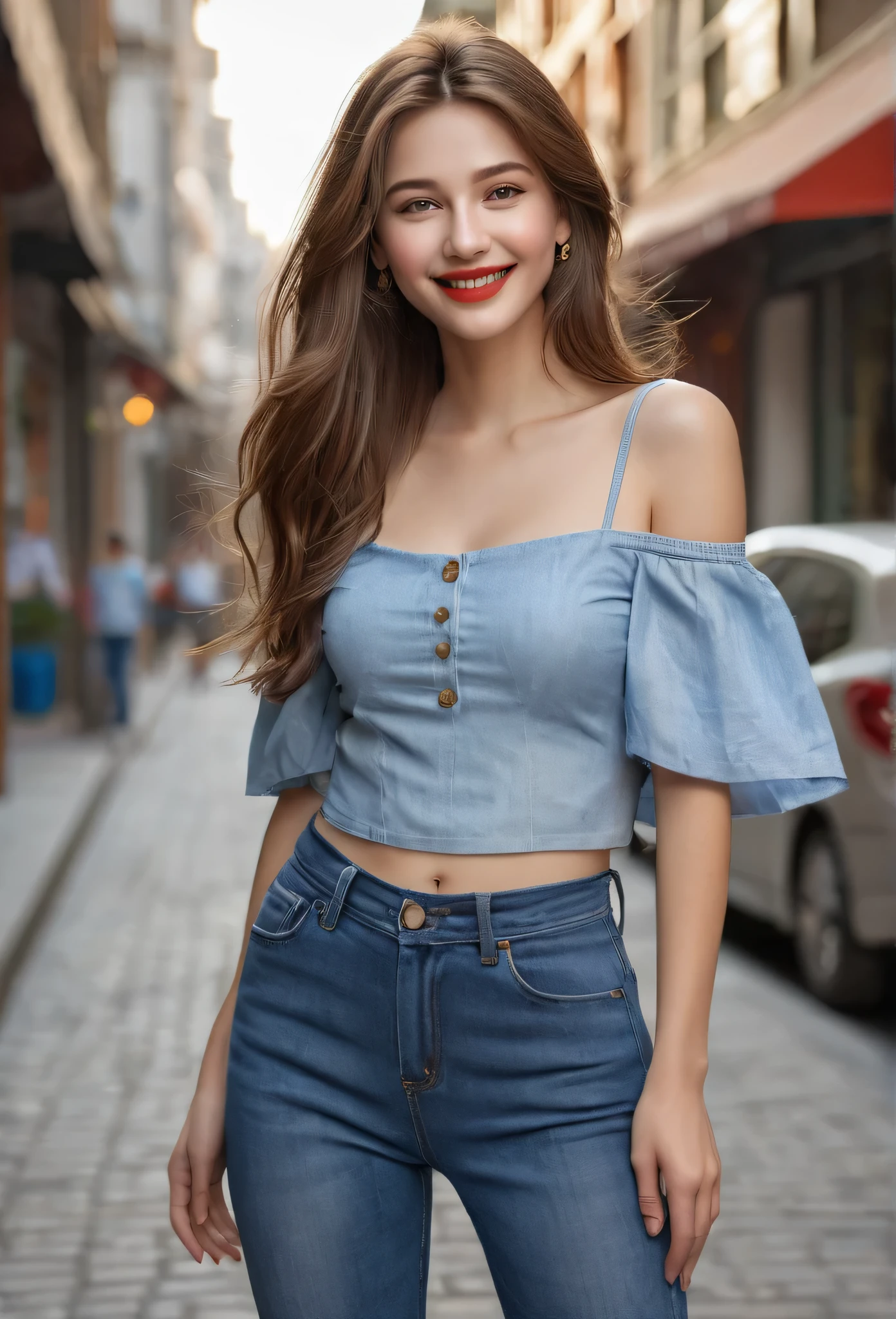 A girl in her 20s on the street, simple, extremely beautiful and delicate, (light makeup), brown hair, sweet smile, delicate and beautiful fair skin, lifelike, exquisite and complete facial features, detailed facial depiction, high nose bridge, red lips, beautiful and gentle girl, soft and smooth hair, extremely delicate hair, soft temperament, facial fill light, surreal, realistic, 8K quality, extreme details, realistic details, master work, realistic extreme, figure, beautiful, pure desire, stunning beauty, peerless beauty, highest quality, 8k resolution, goddess, smile, delicate facial features, hair over shoulders, brown hair, long and thick legs, (((blue belly-baring top))), (((low-waist straight jeans))), sunshine, facing the camera, well-proportioned and tight figure, gentle eyes, back side photo, you can see two butt pockets, standing posture, (((full body photo)))