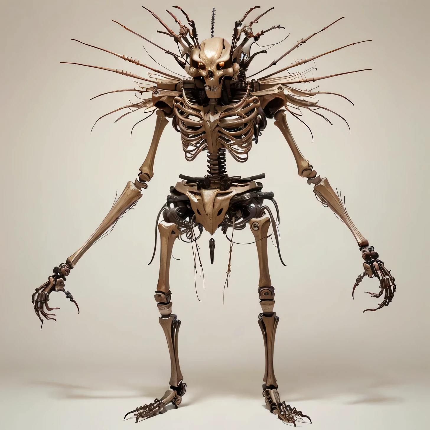 Close-up of a skeleton sculpture with a large head, Skeleton - like a creature, Skeleton-like creatures, Human-like creatures, Creepy mutant flesh creatures, Detailed Humanoid, Biomechanical Sculpture, Insect-like, Complex mechanical bodies, creature design, concept creature character art, complex fantasy characters, Ultra-detailed fantasy characters, Terrifying creatures, creature concept art
