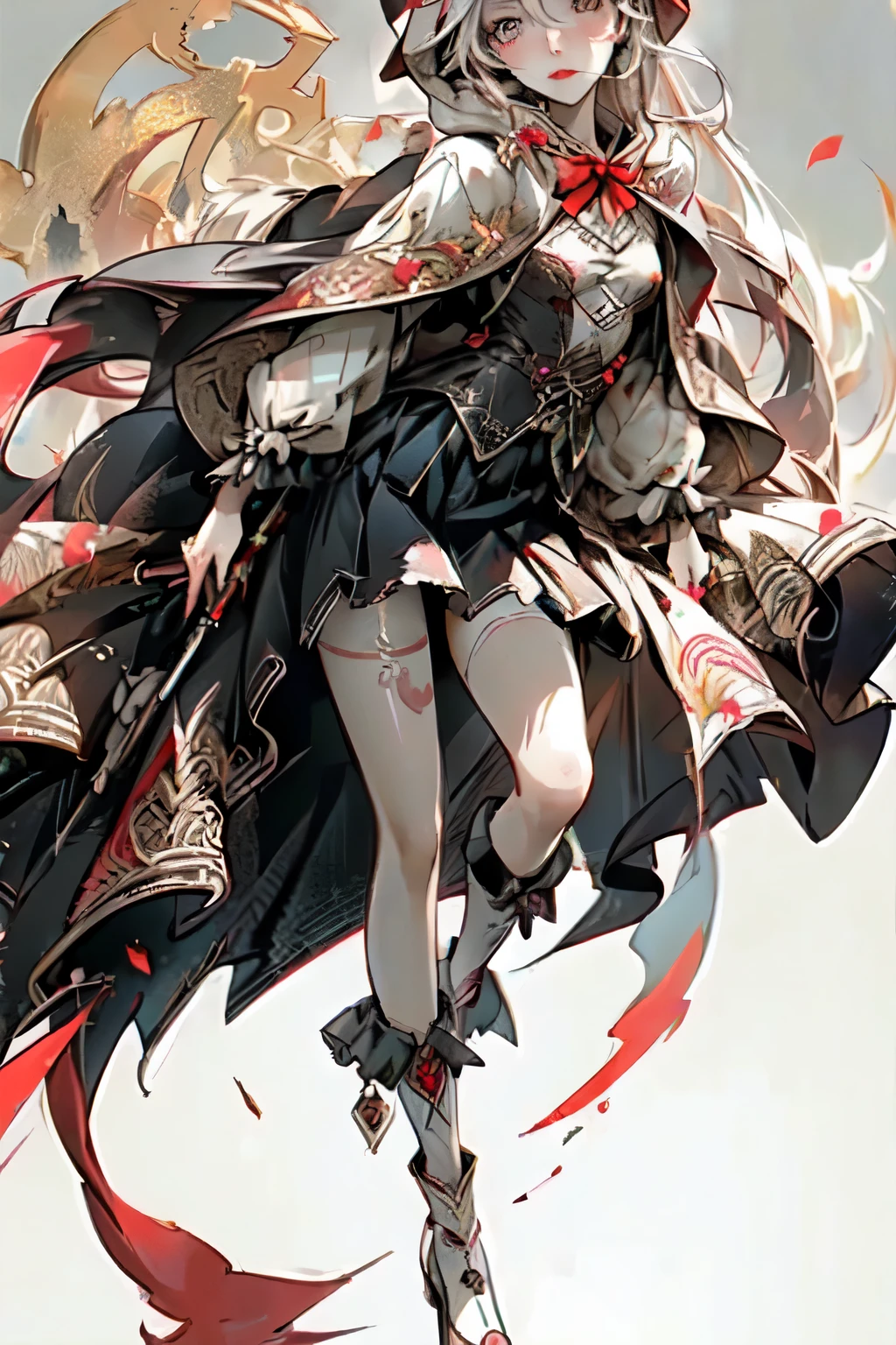 ((best quality)), ((masterpiece)), (detailed), perfect face, ((best quality)), ((masterpiece)), (detailed), perfect face(Golden ratio:1.2),(Fault color:1.3),[(White background:1.4)::10], (full bodyesbian:1.2),(Ultra-detailed:1.3), （white color background） (colorful ink paper flower grow on the face:1.2), teens girl，White hair，Red glowing eyes, photorealestic,（（（Red and white trench coat））），（Red scarf)，a black pleated skirt，black t-shirts，longer sleeves，（（With a hood）），((Multiple pairs of angel wings))，side-lighting, NSFW, Depicting female characters from ethereal anime in a high-quality anime art style，，，8K，Red and white shoes with a sense of technology，(chaotic geometric images:1.3),(nagative space:0.8),(Drawing board:1.3), (ether colorful ink flowing:1.3), a knight, white background, plain background, Bloodborne inspired, tatty Bloodborne attire, occult aesthetic, occult, tatty red and white clothing detailed and intricate steampunk and detailed gothic lolita (with a hood), long coat, Complex laced boots, Fluttering lace flared long knee length dress with frilly petticoats, long dress, knee length dress, pleated petticoats, lolita dress, petticoats gothic lolita, beautiful small breasts, (((( Highly detailed face))), small thin nose, Small thin lips mouth, (((Very sharp focused eyes))), Very large slit precision pale grey eyes that shine like jewels. very long eyelashes, Silver hair swaying in the wind, Emitting a dazzling light in a mandala pattern, white background, Very dramatic and cinematic lighting, tatty damaged old red and white clothing, full body, whole body, body, cosmic horror, grim dark