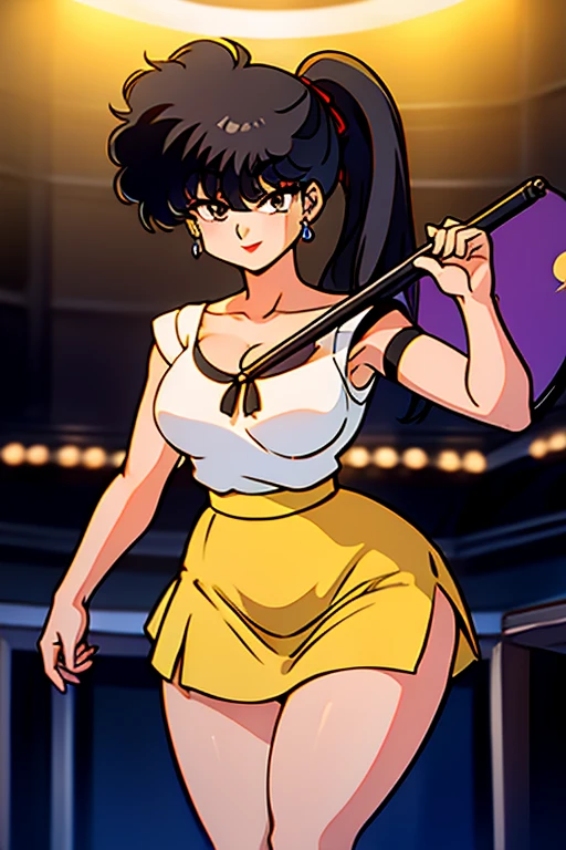 masterpiece,highest quality,Detailed, 1girl, solo girl, black hair, black eyes, Narrow eyes, ((sidetale))
, smiling, holding a mike, singing, music notes, Concert hall, stage, idol, idol outfit,  Yellow Skirt with yellow ribbon on chest,Big Breasts,No sleeve,Cleavage,Open chest,Thick thighs,1990s,Ranma,arm pit,Long legs,Strong legs,whole body