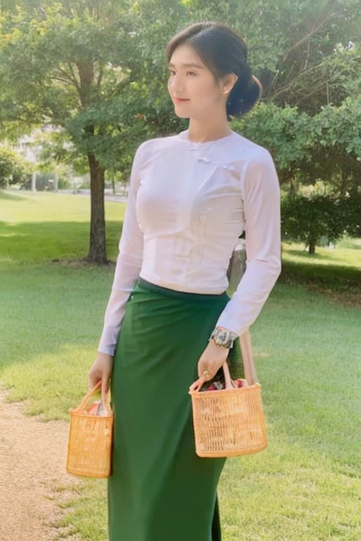 A school teacher is 30years old.Tall, thin, big hips, big breasts, black hair, small lips, brown eyes, attractive, 64K.Top=white Burmese blouse,With long sleeves,Buttoned at the side.Bottom=(Dark green) long skirt.
Footwear=female Burmese sandals,The hair is knotted bun.
