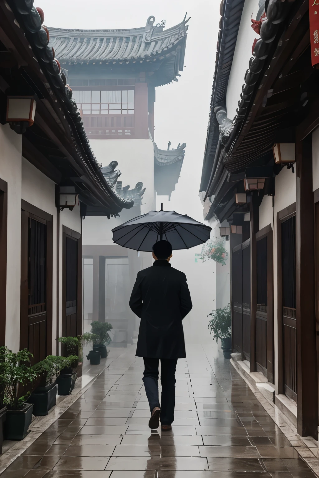 Tianjing Courtyard, Sheng Family Old House,The surroundings are hazy with drizzle,The man holding a black umbrella is tall and slender,Eyes sharp and calm,The mist in the rain is like looking at flowers through the fog.。
