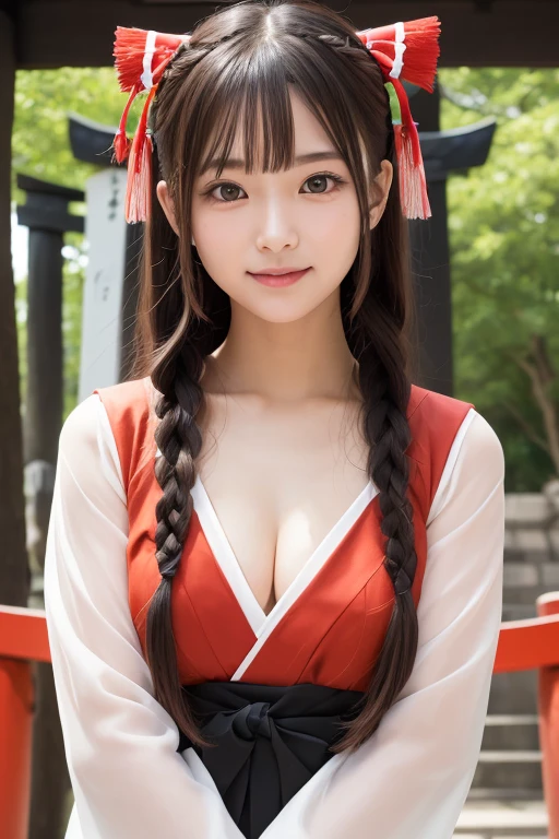 one girl, (a beauty girl, delicate girl:1.3), (24-years-old:1.3),
break, (Shrine maiden costume:1.3), Zoom in on face,
break, Very fine grain definition, (Symmetrical eyes:1.3),
break, (Inari Shrine:1.3), (torii:1.3),
break, Small breasts, Brown eyes, Parted bangs, Brown Hair,  girl,
break, (Eye and facial details:1.0),
break, (masterpiece, highest quality, Super detailed, Detailed face, 8k)、seductive smile、cleavage、twin braids、braided bangs、Bring your arms together