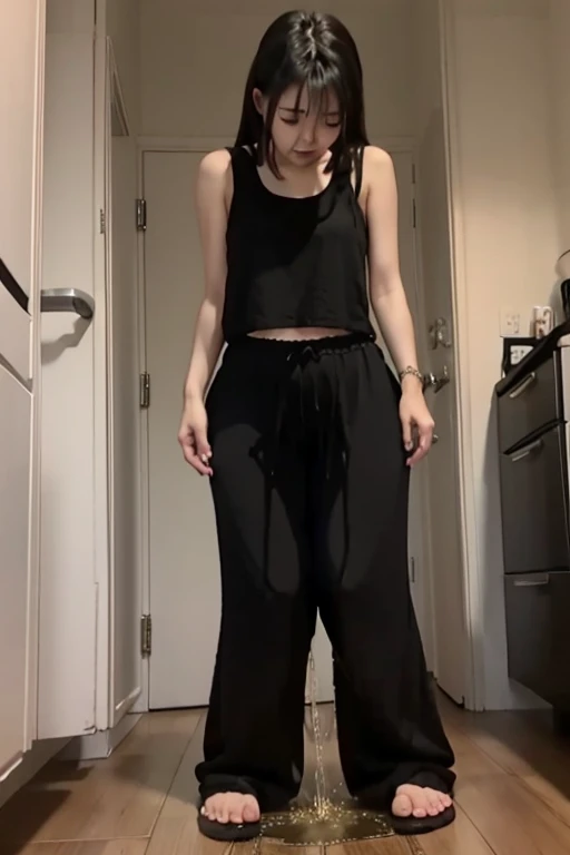Japanese Girl sees the ghost and pees her black palazzo pants until her pants are wet in fright.