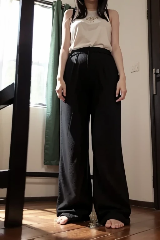 Japanese Girl sees the ghost and pees her black palazzo pants until her pants are wet in fright.