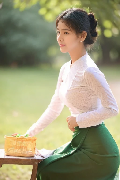 A school teacher is 30years old.Tall, thin, big hips, big breasts, black hair, small lips, brown eyes, attractive, 64K.Top=white Burmese blouse,With long sleeves,Buttoned at the side.Bottom=(Dark green) long skirt.
Footwear=female Burmese sandals,The hair is knotted bun.