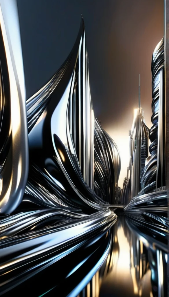 futuristc city\(liquid,metallic,silver\), BREAK ,backgrownd\((simple black:1.5)(metallic,silver),reflection\),quality\(8k,wallpaper of extremely detailed CG unit, ​masterpiece,hight resolution,top-quality,top-quality real texture skin,hyper realisitic,increase the resolution,RAW photos,best qualtiy,highly detailed,the wallpaper\),,dynamic angle,anime style, TRUCKERSRULE STYLE (1.1)