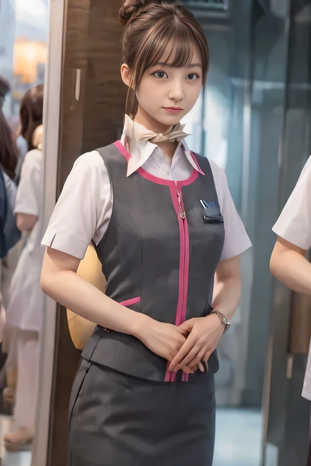 (masterpiece:1.2, highest quality:1.2), 32K HDR, High resolution, (alone、1 girl)、（At the station platform、Professional Lighting）、Station Background、（Realistic style of JR Gran Class crew wearing uniform）、Short sleeve blouse、a scarf around the neck、（JR Gran Class flight attendant uniform with pink parts on the skirt sleeves）、（JR Gran Class flight attendant uniform with pink stripes on the vest）、Dark brown hair、（Hair tied up、Hair Bun、Hair Bun）、Dark brown hair、Long Shot、Big Breasts、（（Great hands：2.0）），（（Harmonious body proportions：1.5）），（（Normal limbs：2.0）），（（Normal finger：2.0）），（（Delicate eyes：2.0）），（（Normal eyes：2.0））)、Luxury Necklace、Captivating look、Beautiful standing posture,Place your hands around your stomach