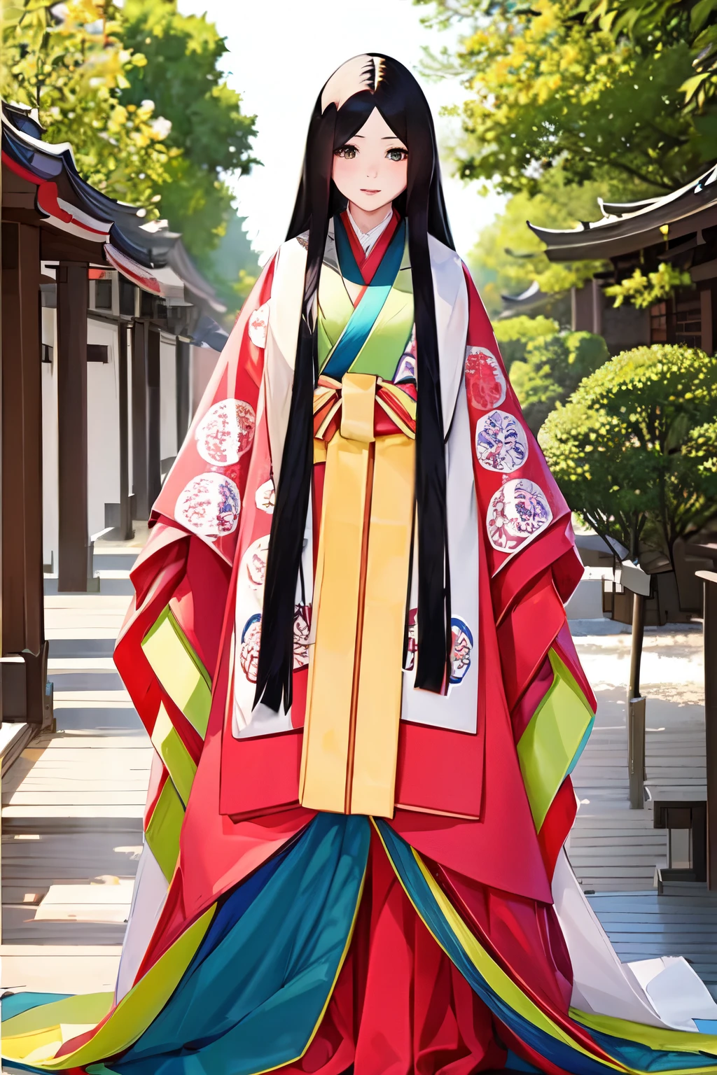 (masterpiece, highest quality:1.2), One girl, junihitoe, solo, Straight long black hair、Have hiohgi、Xifeng、Blank background