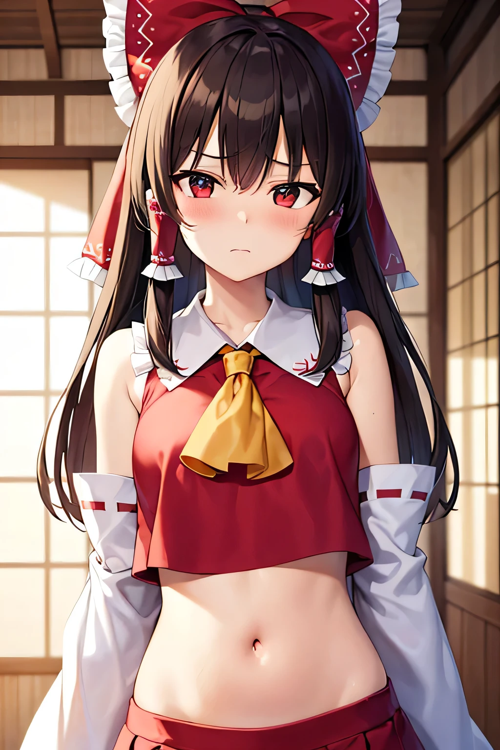 super fine illustration, vibrant colors, masterpiece, sharp focus, best quality, depth of field, cinematic lighting, ultra detailed, blush, annoyed, belly button, navel, hips, shrine maiden, hakurei reimu, 1girl, hair bow, ascot, hair tubes, detached sleeves, looking down, red shirt, red skirt, long hair, dark brown hair, indoors, crop top