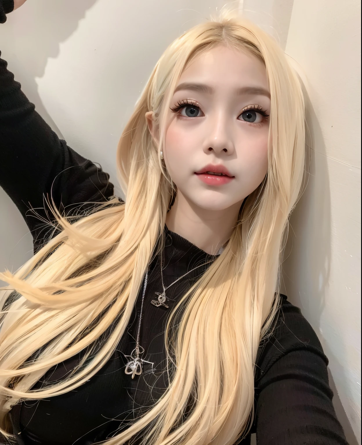 a close-up of a woman with long blonde hair and a black top, Avamax, Best Face, Brutal Korean Goth Girl, pale porcelain white skin, maquiagem sul-korean popular, sakimichan, long blonde hair and big eyes, korean, long blonde hair and big eyes, with long white hair, 귀엽고 사랑스러운 korean 얼굴, jointed ball doll, Cl