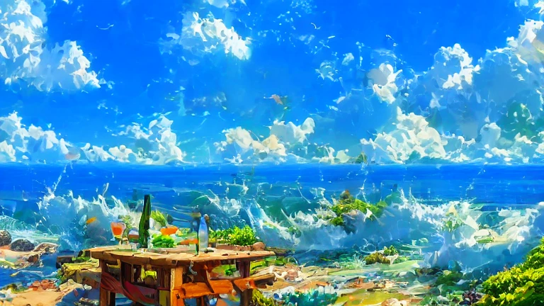 (masterpiece, best quality:1.2), blue sky，blue sea，Beach with green trees，Wooden table，Fruit drinks on the table，HD Wallpapers