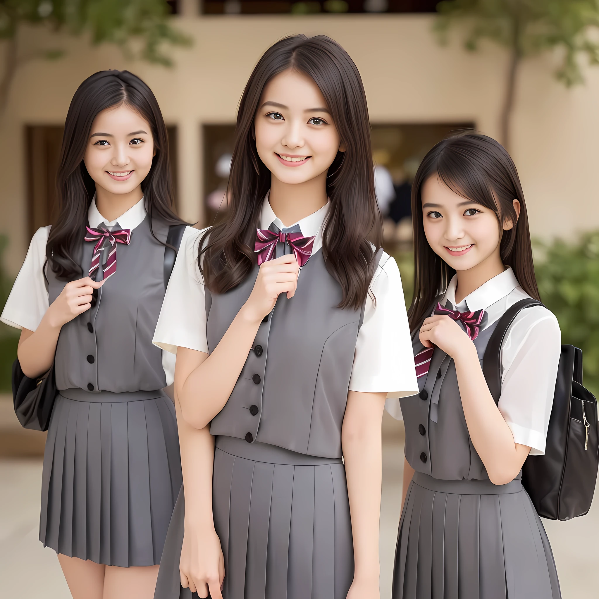 (highest quality, masterpiece:1.2), highest quality, Realistic, photograph, High resolution, 1080p, 8K, Physical Rendering, ((Height: 165cm)), (((( sweet girly Japanese fashion models are standing like a fashion model and smiling directly at the viewer)))), (((big very detailed Japanese beautiful dark brown eyes))), ((loving and laughing at me!)), detailed fingers, ((curled blunt bangs)), ((((Very noble and cute eyes)))), ((double eyelids)), (((long eyelashes))), ((cute lovely lovely laughing laughing cheeks)), (((Her facial features are very expressive noble smile, very sweet, very intelligent))), ((((deep red ribbon bow tie)))), ((((black very beautiful and super long straight hair)))), ((((gray box-pleated school long skirt and grey vest)))), noble box-pleated skirt covers knees, ((((A ivory summer blouse with puffed short sleeves)))), ((school clothes department)), ((complexion lightening)), ((Full body shot)), Japanese girls legs, (((white socks and loafers))), (((((beauty salon hair model))))), ((Leather student bag))