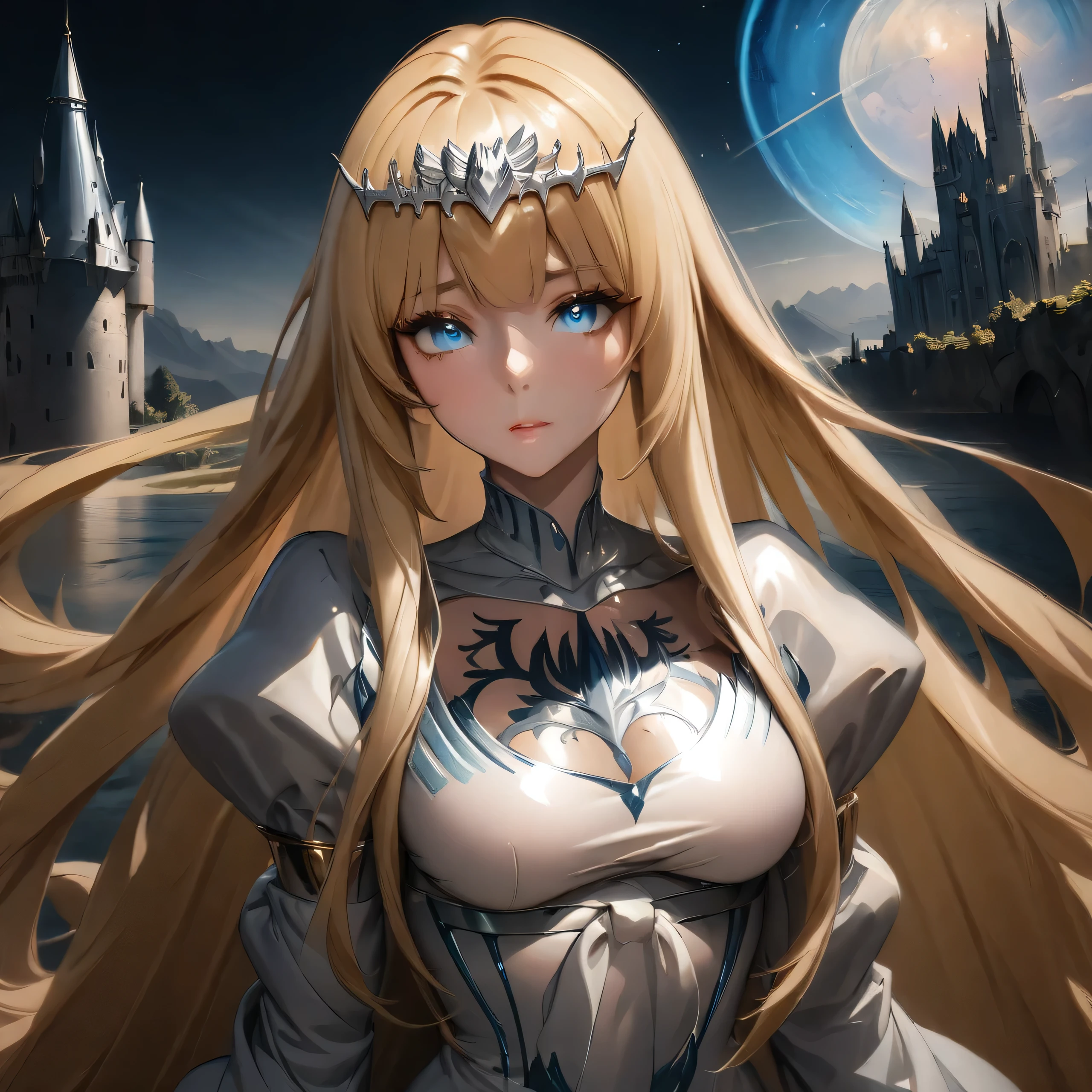 hyper detailed render style, glow, yellow, blue, surreal oil painting, shiny eyes, exaggerated perspective, Tyndall effect,, a holographic white, beautiful background, 1girl, solo, Calca, Calca Bessarez, blonde hair, (extremely long hair:1.6), very long hair, white tiara, silver tiara, white dress, blue eyes, medium chest, short neck, castle background, in a luxurious room, sitting on the throne, medium-to-big breast, mature female, detailed face, close up, sexy pose,