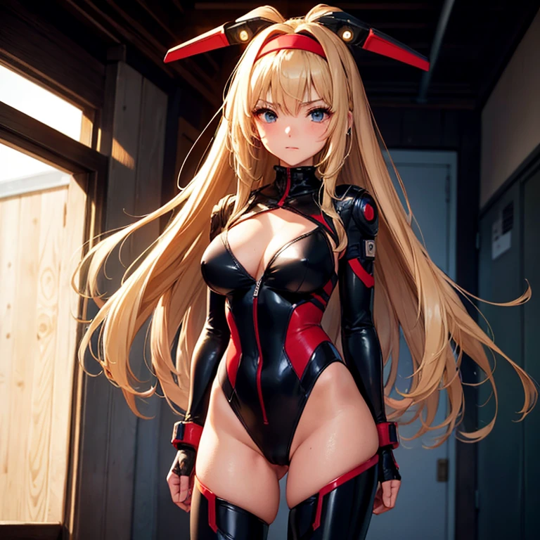 girl Fran, highest quality，masterpiece，The ultimate solution，fluffy，非常にcolorful，colorful，Female Fighter，18-year-old female，solo，semi-long，Cleavage、Tight red combat suit，Cyber Suit，Cyberpunk Night Background，Normal posture，Normal posture、blonde hair，Blue colored eyes,　Straight Hair、A typical plastic headband, bangs, , Medium breast、cameltoe、cowboyshot、(Hugging a child)、from the front