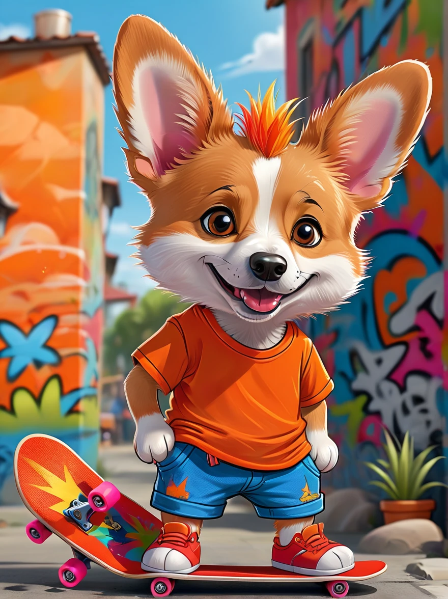 A cartoon doodle anthropomorphic animal,Vector illustration,A cute little corgi,With spiky, brightly colored hair,Unique and wild style,Wearing orange T-shirt,Blue shorts and red shoes, Often with a mischievous smile,And stir up trouble in the nameless town, Known for his skateboarding skills and nonchalant attitude, Standing in front of a graffiti style background,Adds whimsy to the scene
