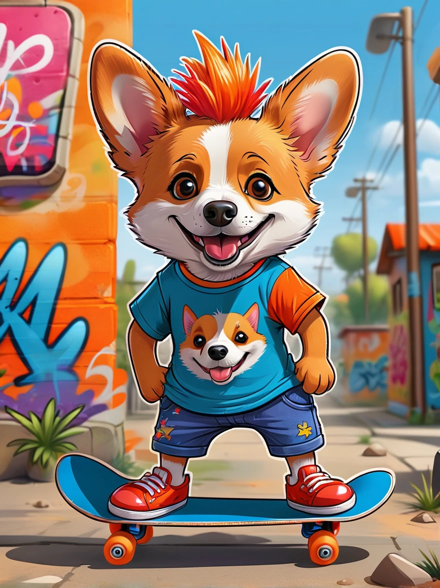 A cartoon doodle anthropomorphic animal，Vector illustration，A cute little corgi，With spiky, brightly colored hair，Unique and wild style，Wearing orange T-shirt，Blue shorts and red shoes, Often with a mischievous smile，And stir up trouble in the nameless town, Known for his skateboarding skills and nonchalant attitude, Standing in front of a graffiti style background，Adds whimsy to the scene