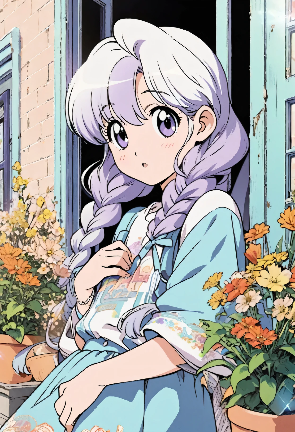 Best Quality,Official art,the Extremely Detailed CG Unity 8K ,Wallpapers,90s Cartoons,Slight retro color,riso print style,Illustration,Cute,1 girl,yinji, purple hair, purple eyes, long hair, white hair, double braids, gradient hair,Flowers,Window,flower pots,