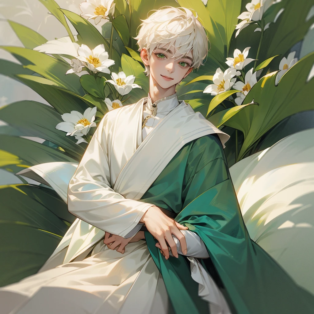 high quality, detailed,
young man , 4K UHD, super detail, best quality, detailed eyes, masterpiece, young ,21years old ,white short hair ,green beautifull eyes,sweet smile ,quiet expression,beautiful smile,cute outfit