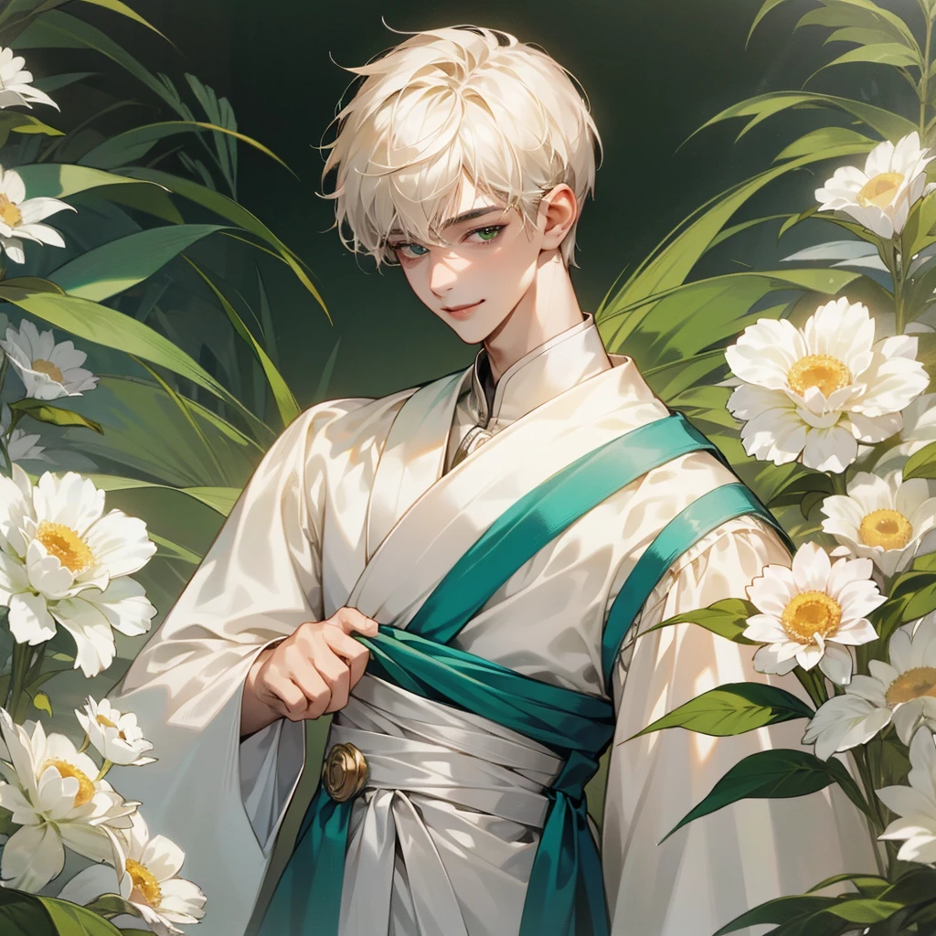 high quality, detailed,
young man , 4K UHD, super detail, best quality, detailed eyes, masterpiece, young ,21years old ,white short hair ,green beautifull eyes,sweet smile ,quiet expression,beautiful smile,cute outfit