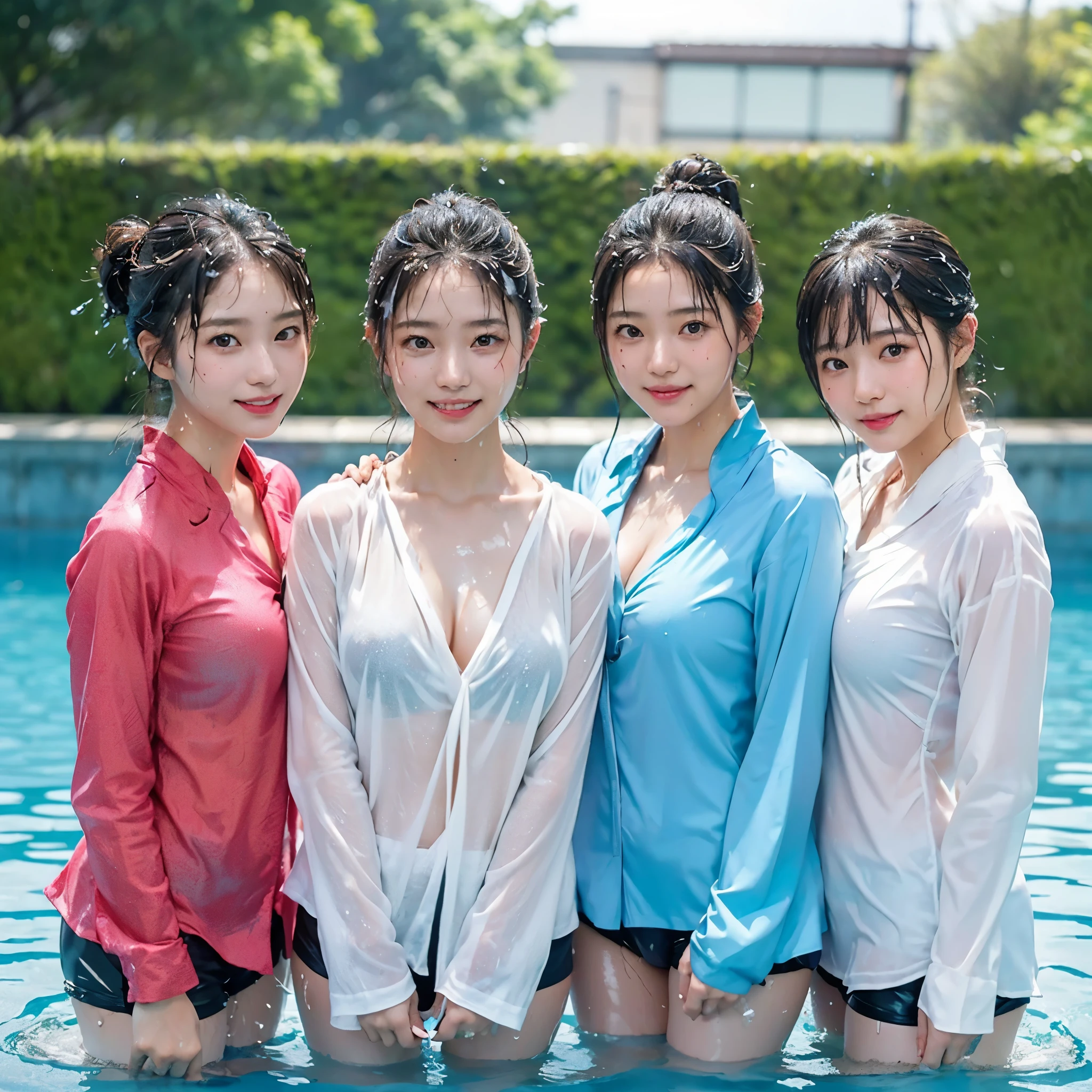 Three beautiful Japanese ladies, Hair tied up, Bangs down, In the summer outdoor pool, (All looking at the camera), ((All soaked in water up to their chests), (All clothes and skin are completely soaked), (Waterlogged), All Smiling, ((All the girls wear office long-sleeve blouse)), Water-drops