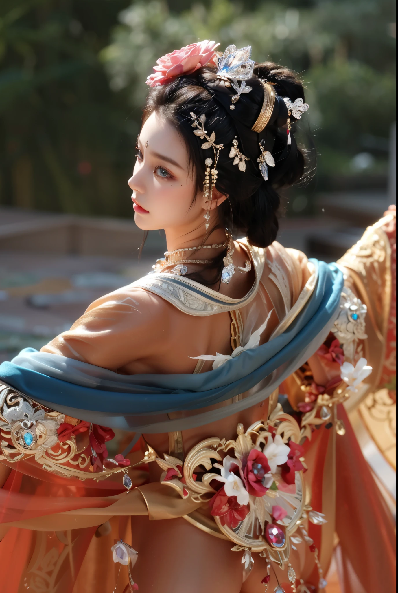 Game Art,Best image quality,Maximum resolution,8k,(A half-length photo),(portrait),(Head close-up),(Rule of Thirds),Unreal Engine 5 rendering works,20 year old girl,((Queen)),The eyes are very detailed,(Large Breasts),Elegant and noble,Light,Light线追踪,Game CG,((3D Unreal Engine)),OC rendering reflection mode,4K,Ultra-clear,Sensual,Translucent lace,Fair and plump figure,Pretty Face,Light泽凝胶涂层,身着华贵礼服的Queen,Crystal Gem Crown,Necklace jewelry,blue eyes,The tattoo is very three-dimensional,Gorgeous and intricate tattoo designs,Ultra-clear portrait,Sexy body,Temple Princess,Sapphire eyes,Gorgeous clothes,back