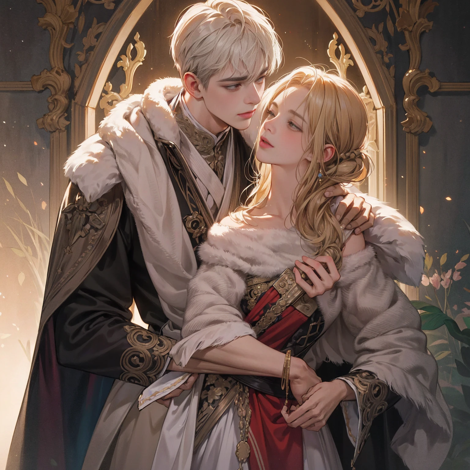a highly detailed portrait of Roman emperor Constantine the Great embracing his beloved Minervina, dramatic romantic scene, warm affectionate embrace, blissful loving expression, lush detailed background, dramatic lighting, vivid colors, intricate ornate robes and accessories, hyper realistic, award winning digital art, cinematic composition, masterpiece