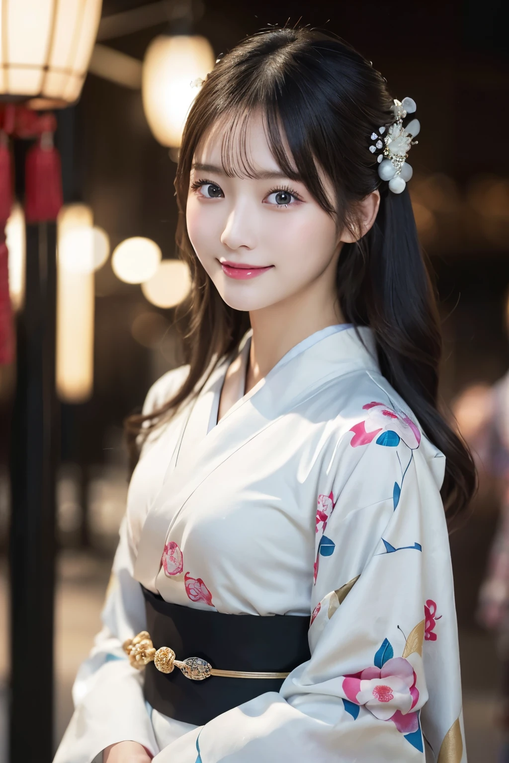 (kimono)、masterpiece、beautiful girl、Beautiful detailed eyes、highest quality, 超A high resolution, (reality: 1.2), Cinema Lighting、(Japanese Girls)、so beautiful、Beautiful Skin、(Looking at the audience)、(Surreal)、(High resolution)、(8k)、(Very detailed)、(Beautiful fine details)、(Very detailed)、 (wallpaper)、Detailed face、Bright lighting、Professional Lighting、Smile